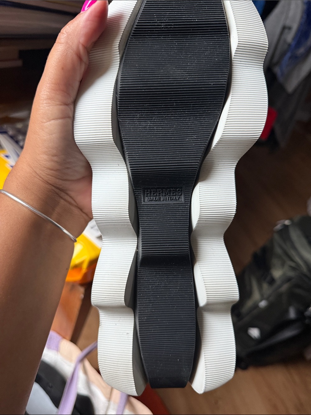 Hermes White Knit Slip-On Sneakers with Black Stripe and Orange Trim Accents